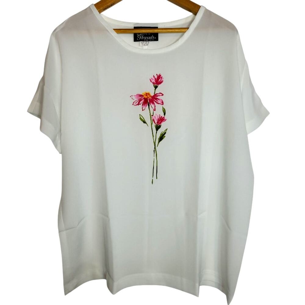 NWT Vintage Silver Threads Women's Silky Short Sleeve Blouse Flower Graphic USA